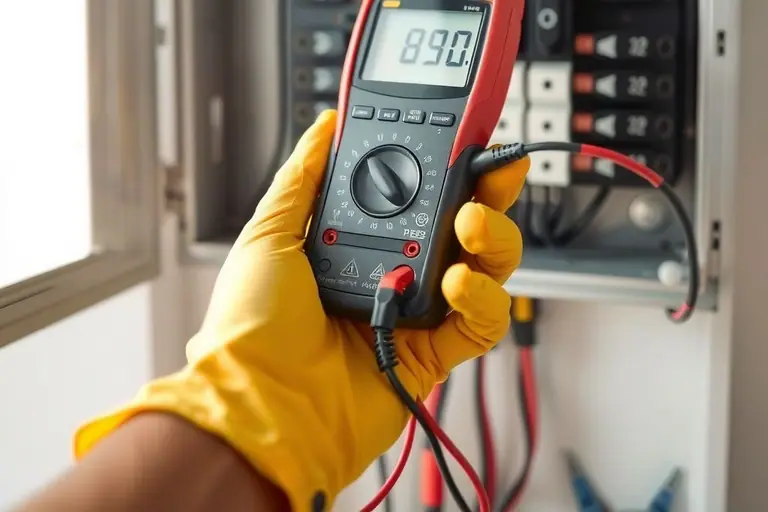 Gloved hand holding a digital multimeter in front of an open breaker panel