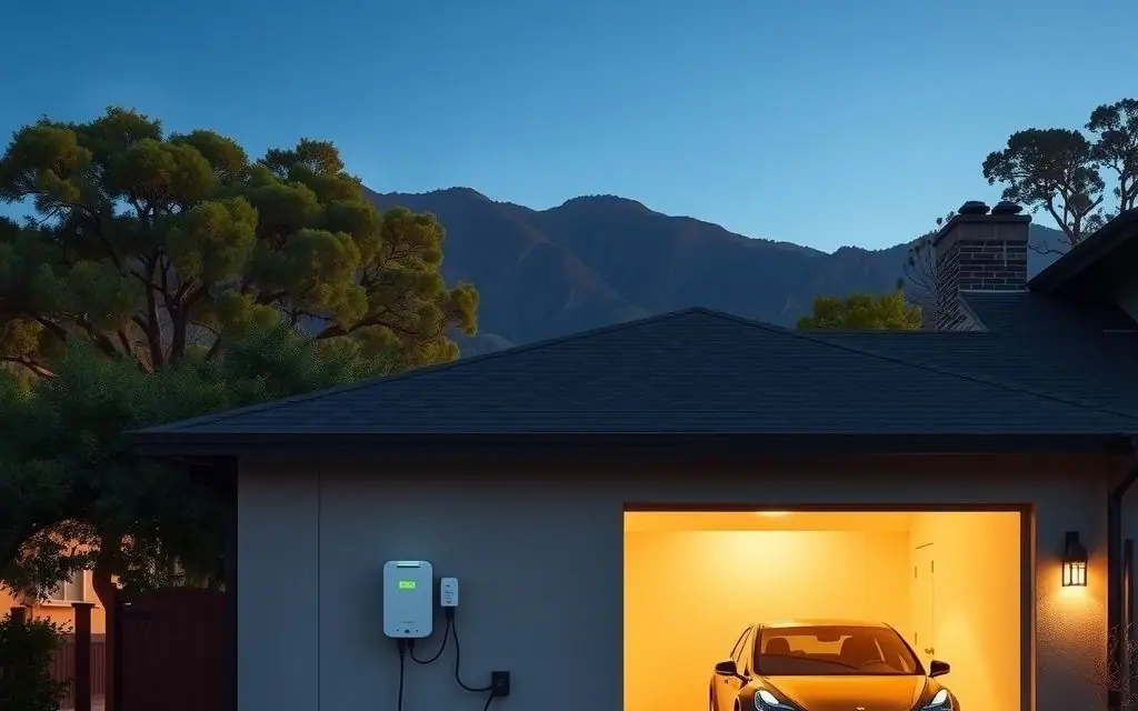 Ranch-style home at dusk with an open, lit garage where an electric car is plugged into a wall charger beside the electrical panel